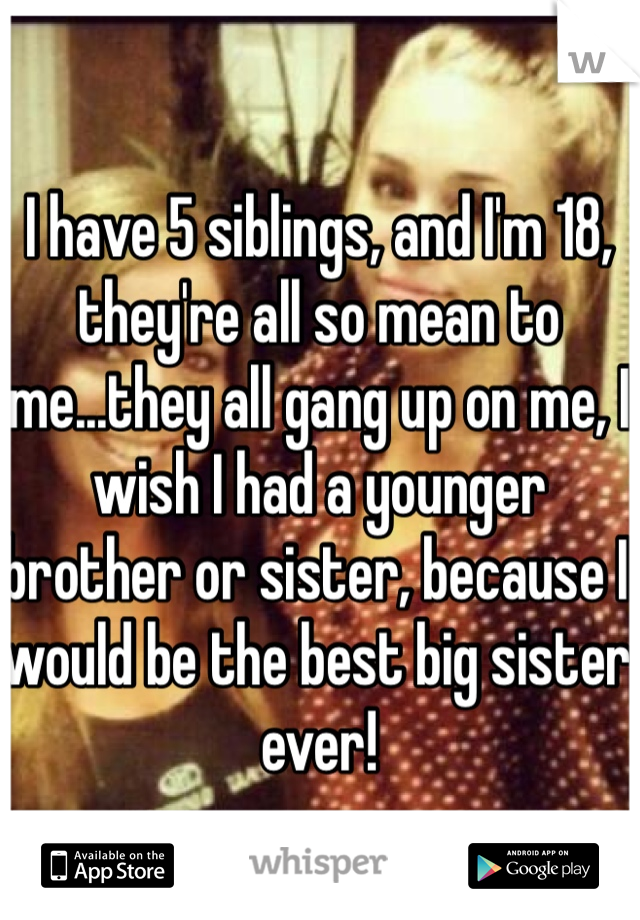 I have 5 siblings, and I'm 18, they're all so mean to me...they all gang up on me, I wish I had a younger brother or sister, because I would be the best big sister ever!