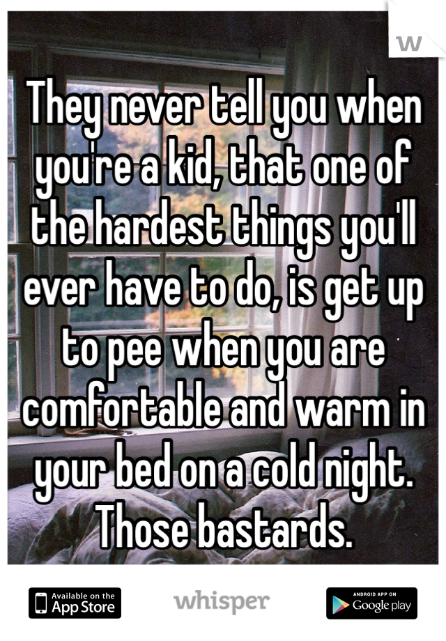 They never tell you when you're a kid, that one of the hardest things you'll ever have to do, is get up to pee when you are comfortable and warm in your bed on a cold night. 
Those bastards.
