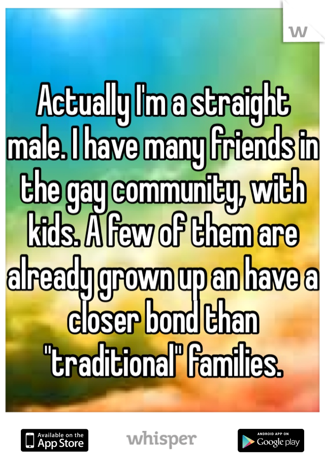 Actually I'm a straight male. I have many friends in the gay community, with kids. A few of them are already grown up an have a closer bond than "traditional" families.