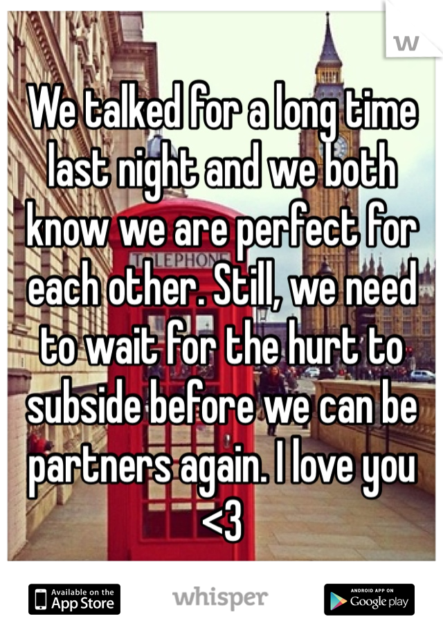 We talked for a long time last night and we both know we are perfect for each other. Still, we need to wait for the hurt to subside before we can be partners again. I love you <3