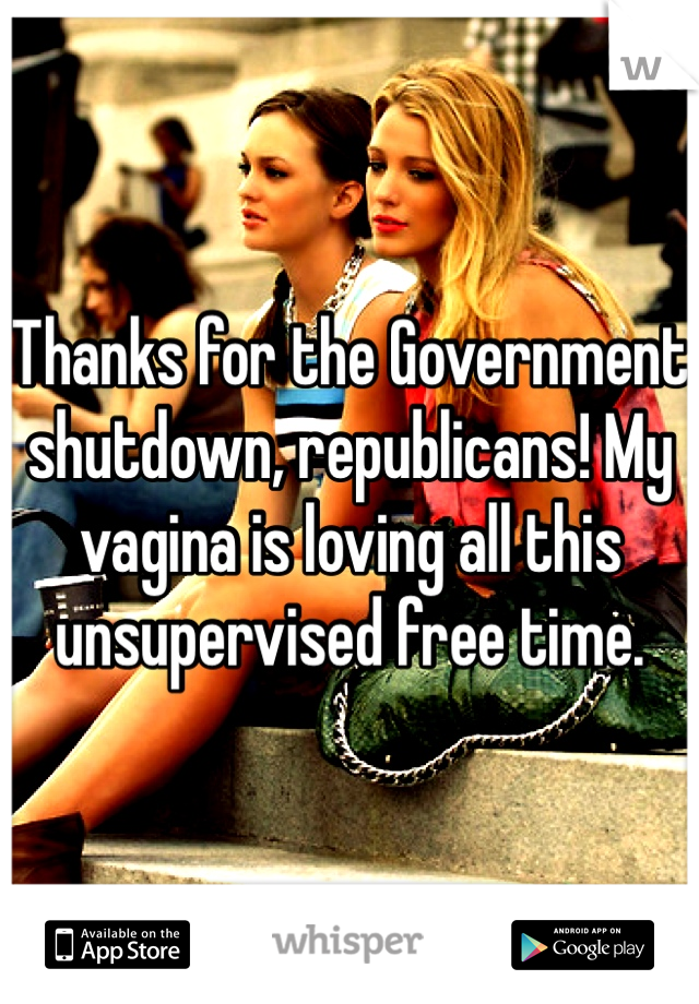 Thanks for the Government shutdown, republicans! My vagina is loving all this unsupervised free time. 