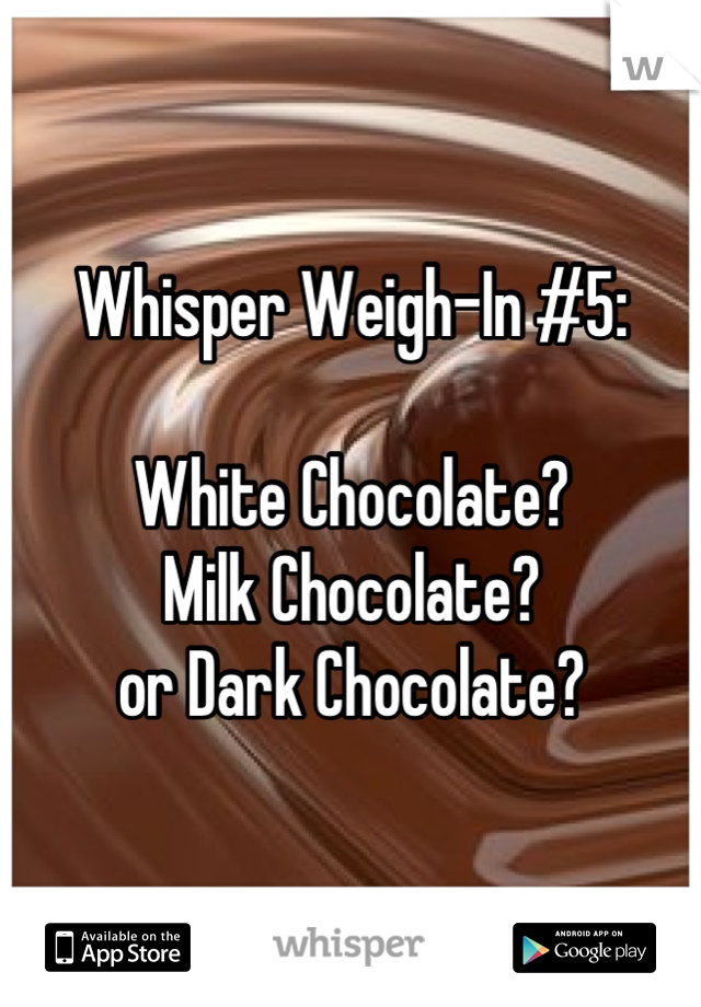 Whisper Weigh-In #5:

White Chocolate?
Milk Chocolate?
or Dark Chocolate?