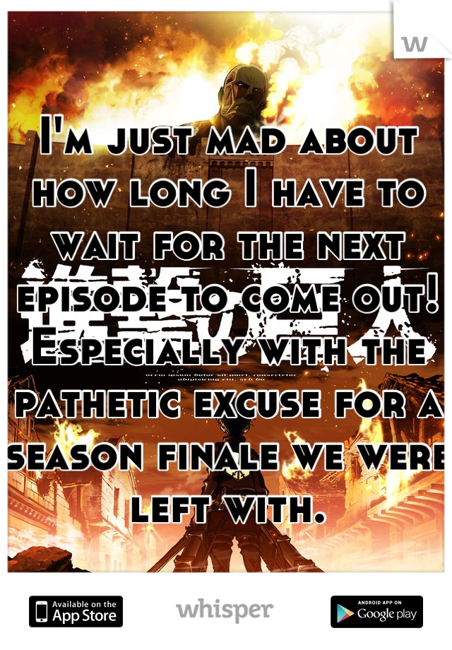 I'm just mad about how long I have to wait for the next episode to come out! Especially with the pathetic excuse for a season finale we were left with.
