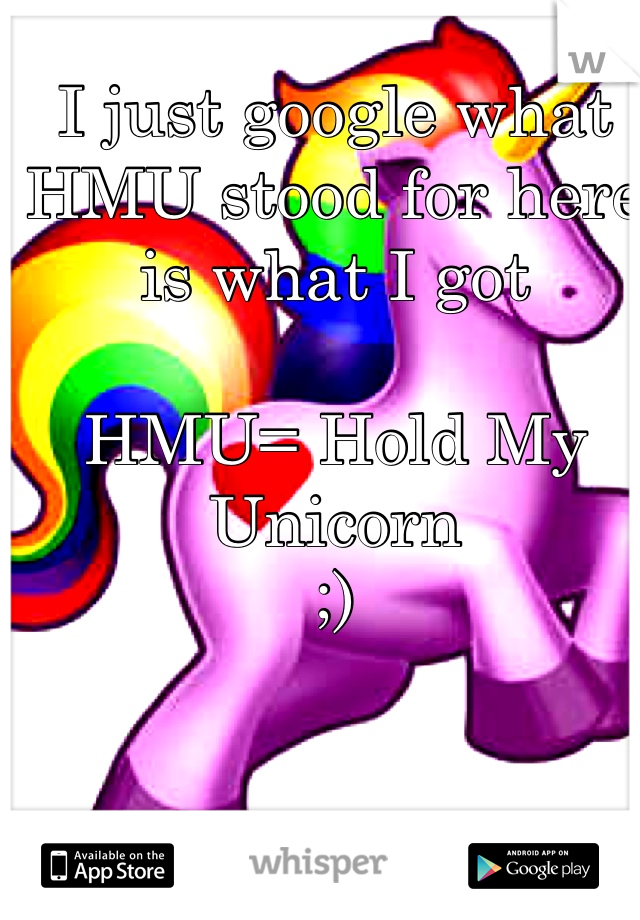 I just google what HMU stood for here is what I got

HMU= Hold My Unicorn
;)