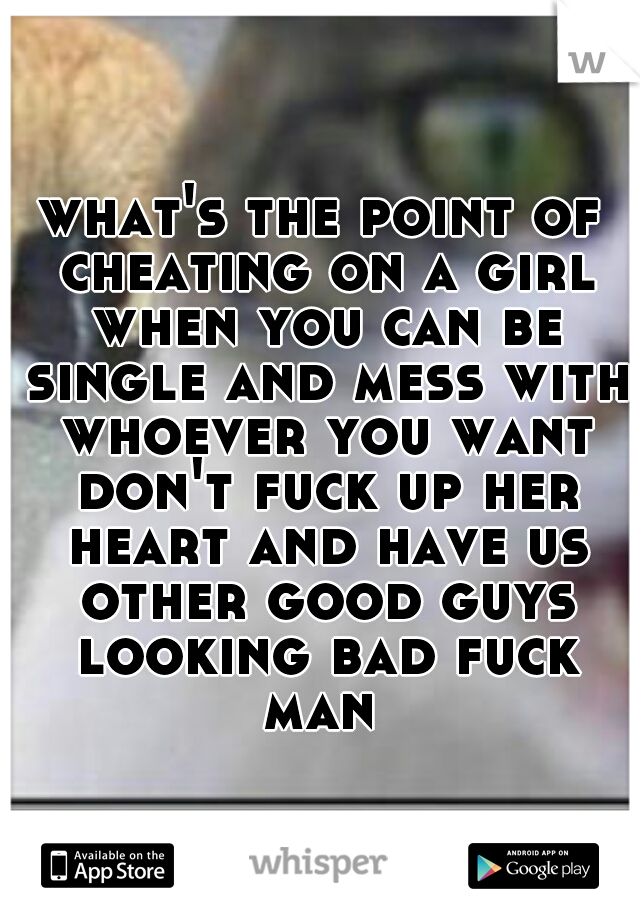 what's the point of cheating on a girl when you can be single and mess with whoever you want don't fuck up her heart and have us other good guys looking bad fuck man 