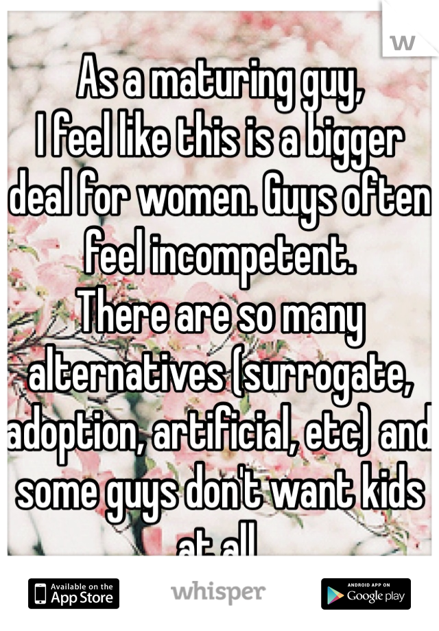 As a maturing guy,
I feel like this is a bigger deal for women. Guys often feel incompetent.
There are so many alternatives (surrogate, adoption, artificial, etc) and some guys don't want kids at all. 