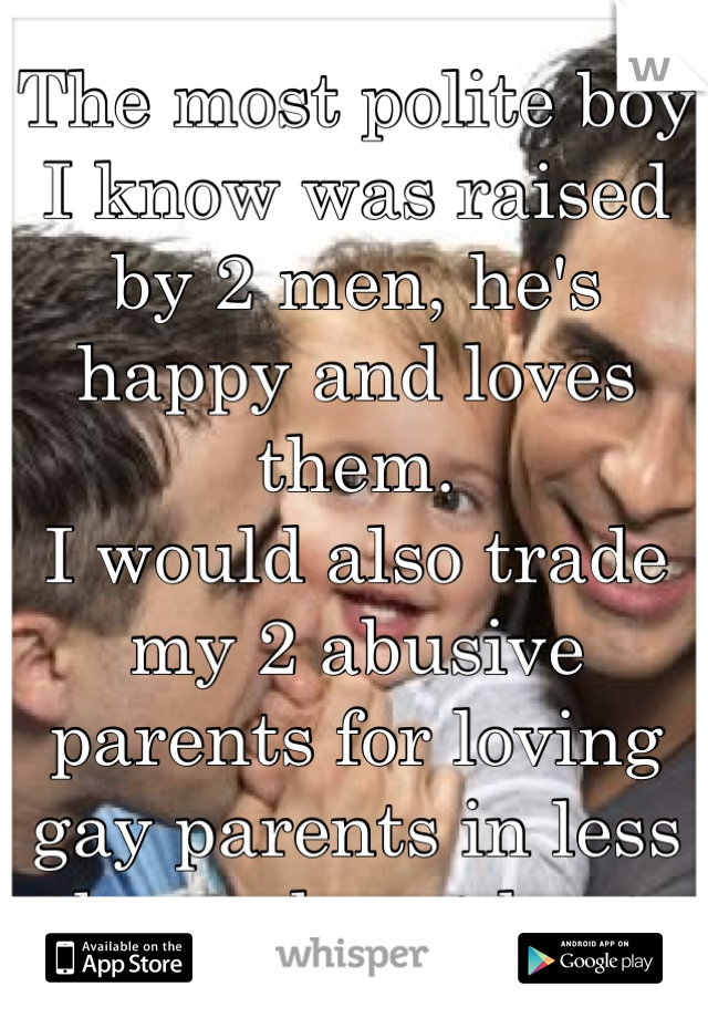 The most polite boy I know was raised by 2 men, he's happy and loves them.
I would also trade my 2 abusive parents for loving gay parents in less than a heart beat.