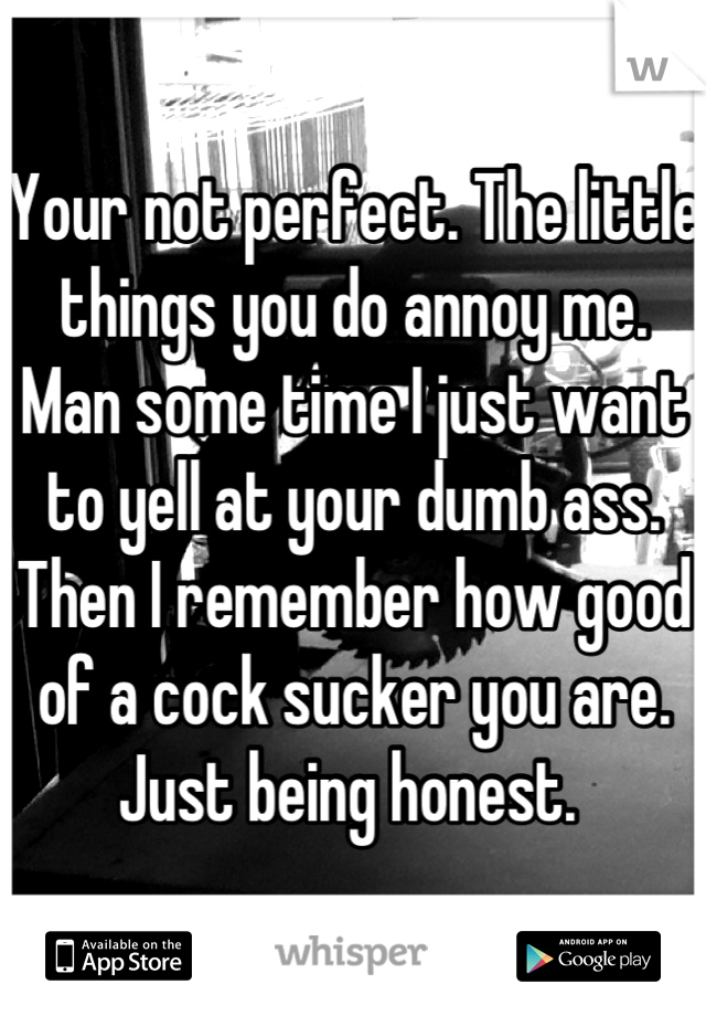 Your not perfect. The little things you do annoy me. Man some time I just want to yell at your dumb ass. Then I remember how good of a cock sucker you are.  Just being honest. 