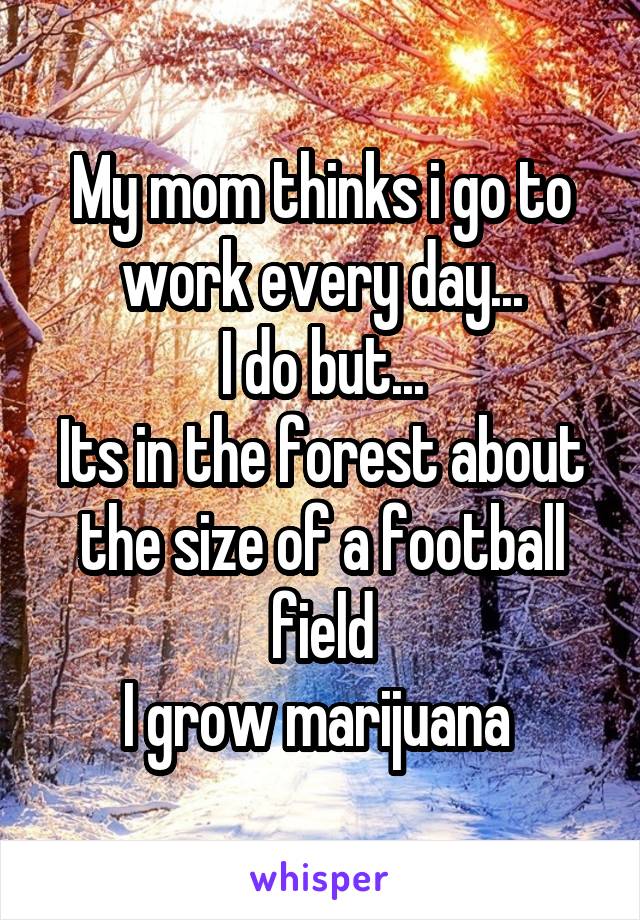 My mom thinks i go to work every day...
I do but...
Its in the forest about the size of a football field
I grow marijuana 