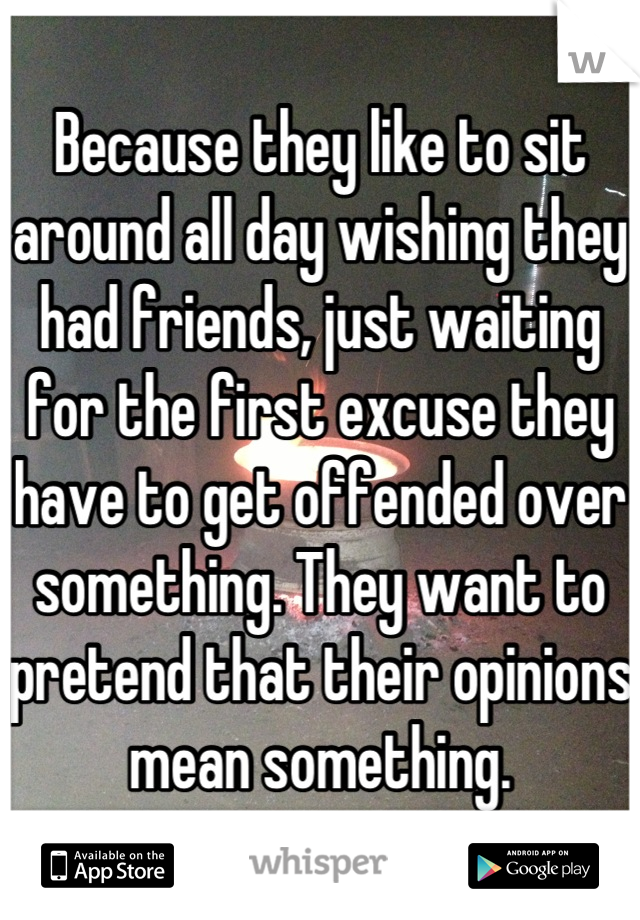 Because they like to sit around all day wishing they had friends, just waiting for the first excuse they have to get offended over something. They want to pretend that their opinions mean something.