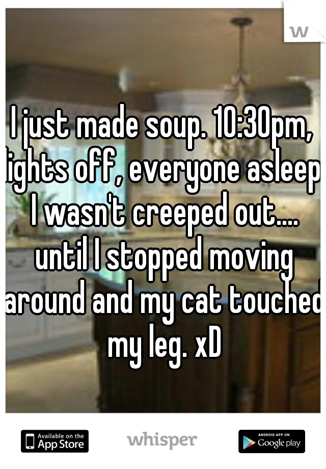 I just made soup. 10:30pm, lights off, everyone asleep. I wasn't creeped out.... until I stopped moving around and my cat touched my leg. xD