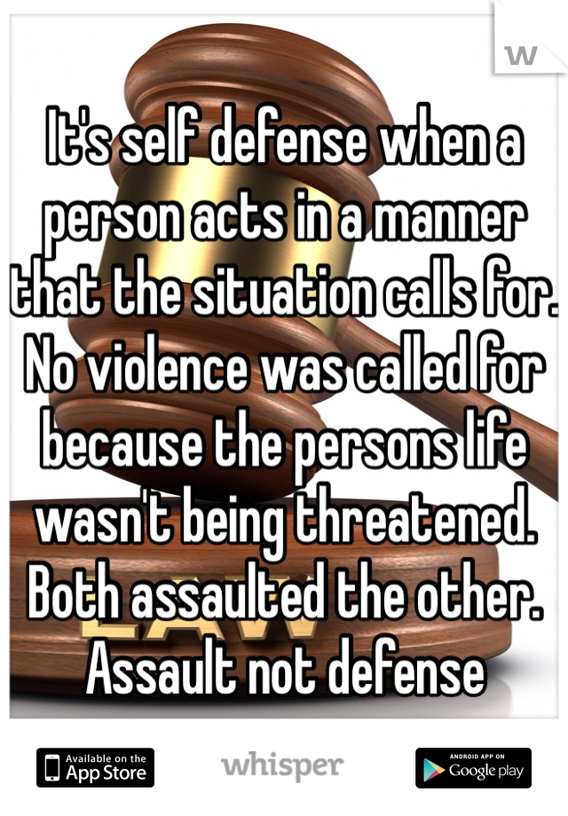 It's self defense when a person acts in a manner that the situation calls for. No violence was called for because the persons life wasn't being threatened. Both assaulted the other. Assault not defense