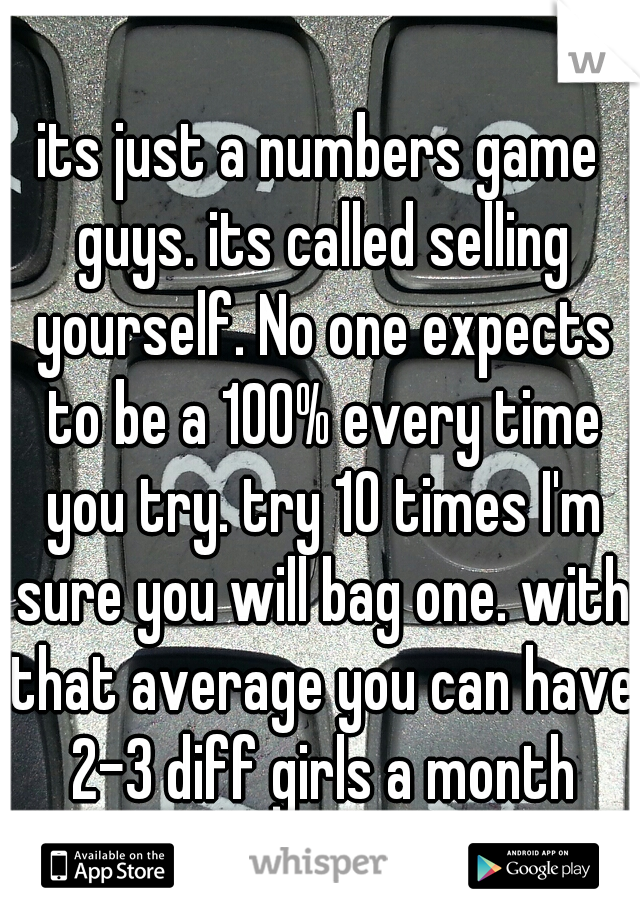 its just a numbers game guys. its called selling yourself. No one expects to be a 100% every time you try. try 10 times I'm sure you will bag one. with that average you can have 2-3 diff girls a month