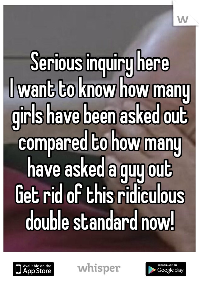 Serious inquiry here
I want to know how many girls have been asked out compared to how many have asked a guy out
Get rid of this ridiculous double standard now!