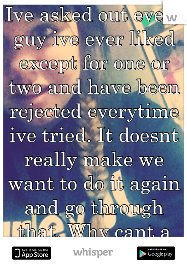 Ive asked out every guy ive ever liked except for one or two and have been rejected everytime ive tried. It doesnt really make we want to do it again and go through that. Why cant a guy ask me...