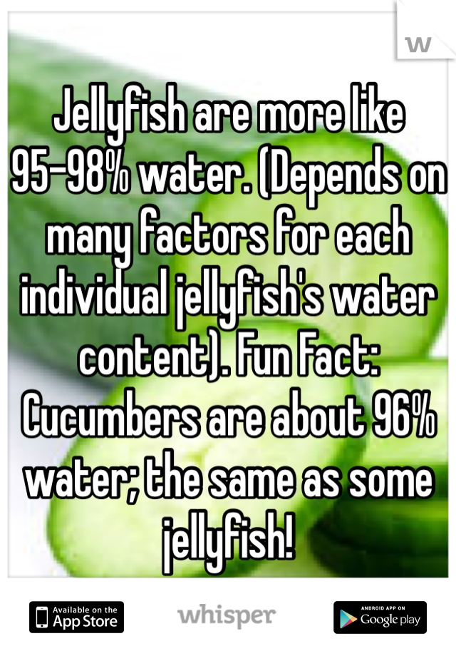 Jellyfish are more like 95-98% water. (Depends on many factors for each individual jellyfish's water content). Fun Fact: Cucumbers are about 96% water; the same as some jellyfish!