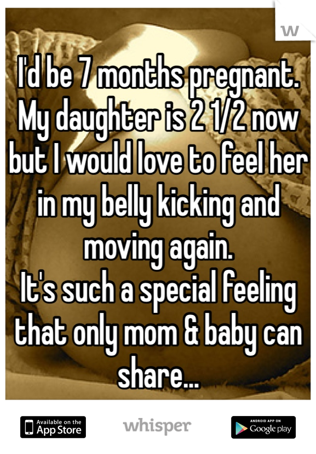 I'd be 7 months pregnant.
My daughter is 2 1/2 now but I would love to feel her in my belly kicking and moving again.
It's such a special feeling that only mom & baby can share...