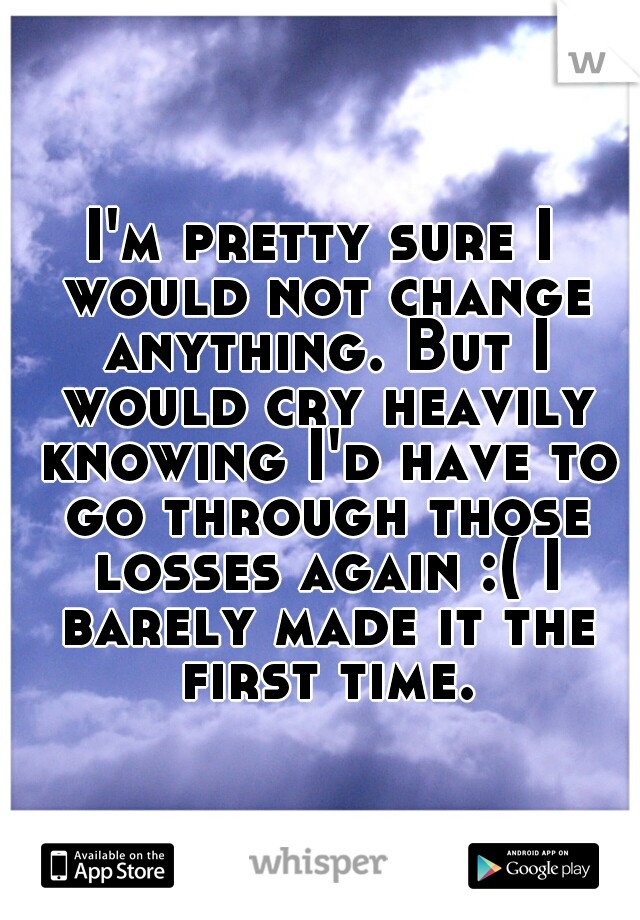 I'm pretty sure I would not change anything. But I would cry heavily knowing I'd have to go through those losses again :( I barely made it the first time. 