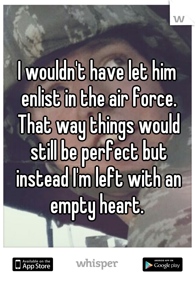 I wouldn't have let him enlist in the air force. That way things would still be perfect but instead I'm left with an empty heart. 