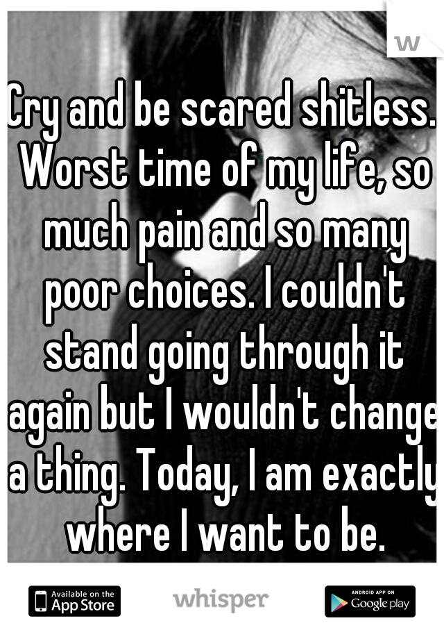 Cry and be scared shitless. Worst time of my life, so much pain and so many poor choices. I couldn't stand going through it again but I wouldn't change a thing. Today, I am exactly where I want to be.