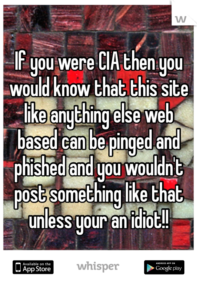 If you were CIA then you would know that this site like anything else web based can be pinged and phished and you wouldn't post something like that unless your an idiot!!