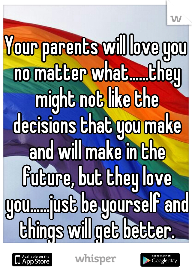 Your parents will love you no matter what......they might not like the decisions that you make and will make in the future, but they love you......just be yourself and things will get better.