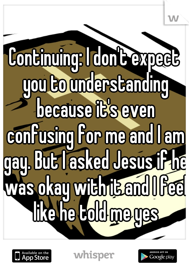 Continuing: I don't expect you to understanding because it's even confusing for me and I am gay. But I asked Jesus if he was okay with it and I feel like he told me yes