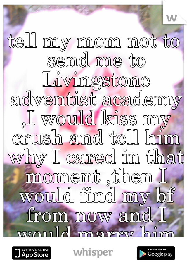 tell my mom not to send me to Livingstone adventist academy ,I would kiss my crush and tell him why I cared in that moment ,then I would find my bf from now and I would marry him