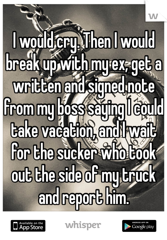 I would cry. Then I would break up with my ex, get a written and signed note from my boss saying I could take vacation, and I wait for the sucker who took out the side of my truck and report him. 