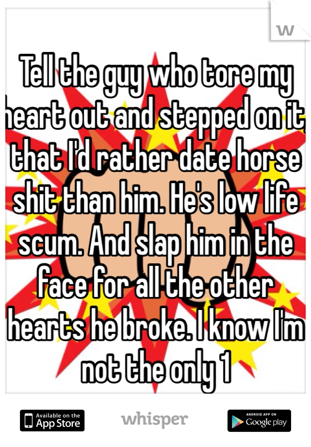 Tell the guy who tore my heart out and stepped on it, that I'd rather date horse shit than him. He's low life scum. And slap him in the face for all the other hearts he broke. I know I'm not the only 1