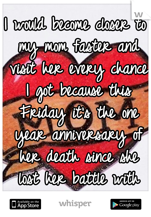 I would become closer to my mom faster and visit her every chance I got because this Friday it's the one year anniversary of her death since she lost her battle with lung cancer.. 