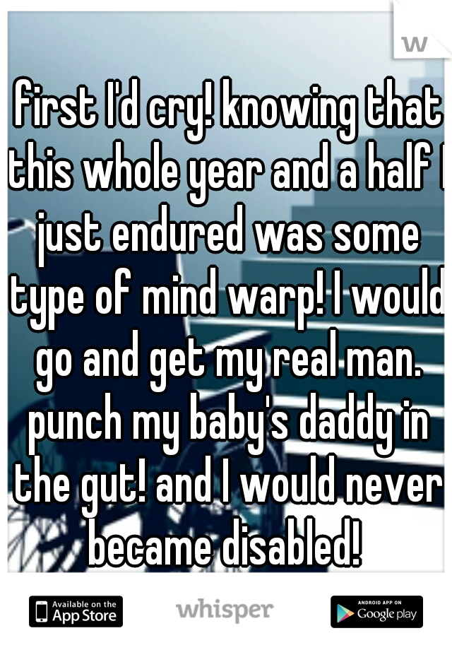  first I'd cry! knowing that this whole year and a half I just endured was some type of mind warp! I would go and get my real man. punch my baby's daddy in the gut! and I would never became disabled! 