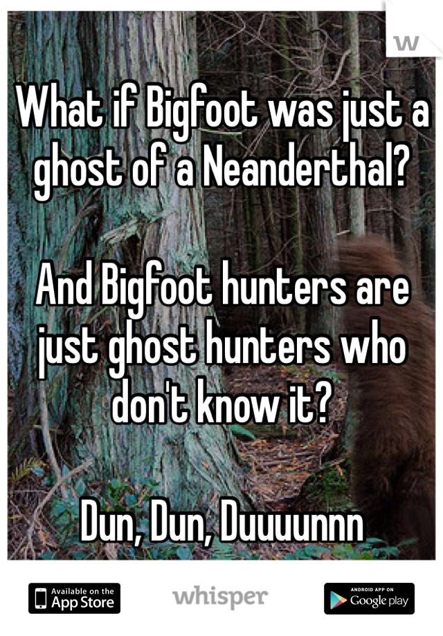 What if Bigfoot was just a ghost of a Neanderthal? 

And Bigfoot hunters are just ghost hunters who don't know it? 

Dun, Dun, Duuuunnn 