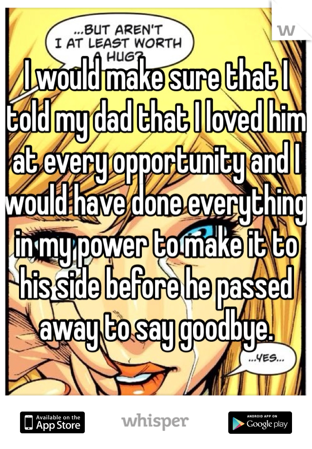 I would make sure that I told my dad that I loved him at every opportunity and I would have done everything in my power to make it to his side before he passed away to say goodbye. 