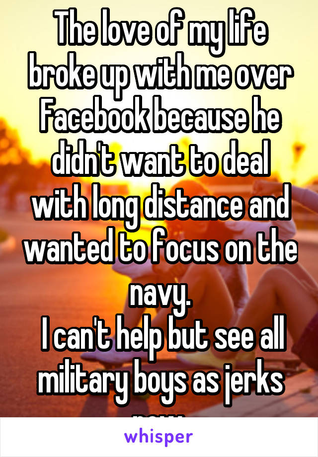 The love of my life broke up with me over Facebook because he didn't want to deal with long distance and wanted to focus on the navy.
 I can't help but see all military boys as jerks now.