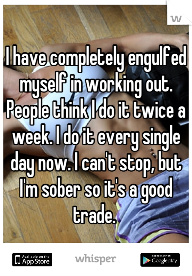 I have completely engulfed myself in working out. People think I do it twice a week. I do it every single day now. I can't stop, but I'm sober so it's a good trade. 