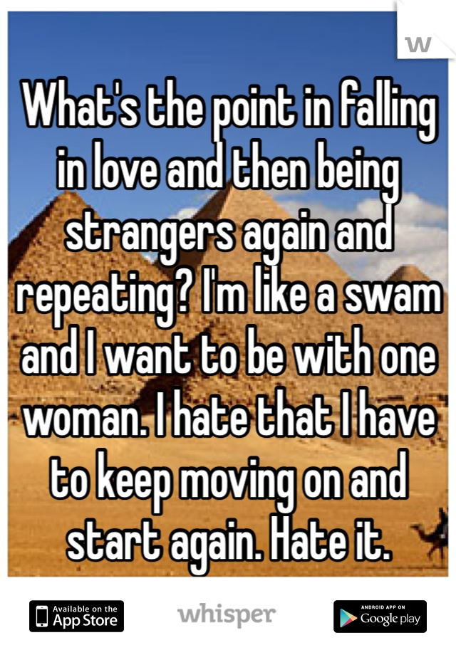 What's the point in falling in love and then being strangers again and repeating? I'm like a swam and I want to be with one woman. I hate that I have to keep moving on and start again. Hate it. 