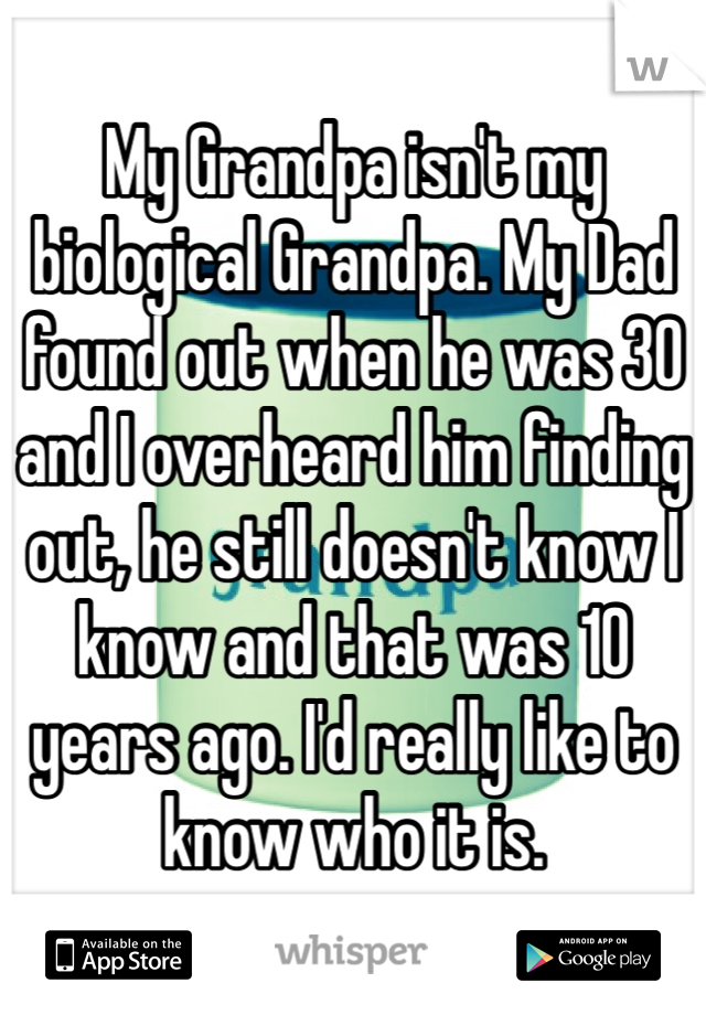 My Grandpa isn't my biological Grandpa. My Dad found out when he was 30 and I overheard him finding out, he still doesn't know I know and that was 10 years ago. I'd really like to know who it is. 