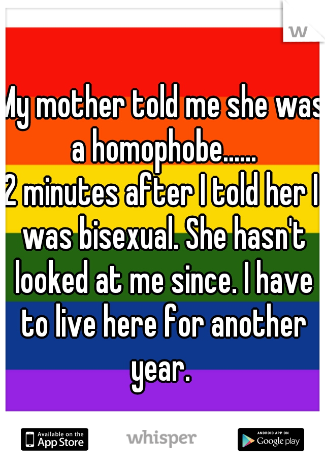 My mother told me she was a homophobe......
















2 minutes after I told her I was bisexual. She hasn't looked at me since. I have to live here for another year. 