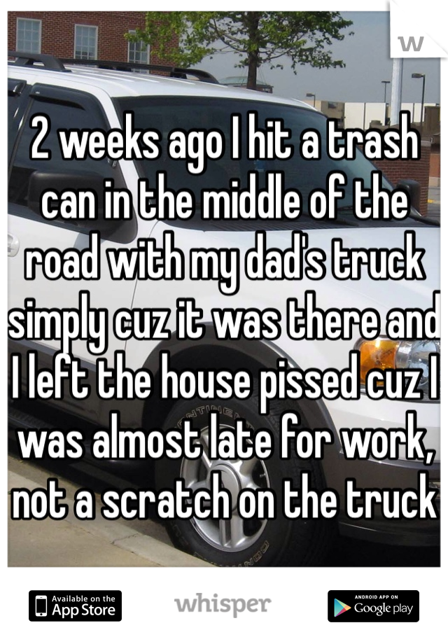 2 weeks ago I hit a trash can in the middle of the road with my dad's truck simply cuz it was there and I left the house pissed cuz I was almost late for work, not a scratch on the truck