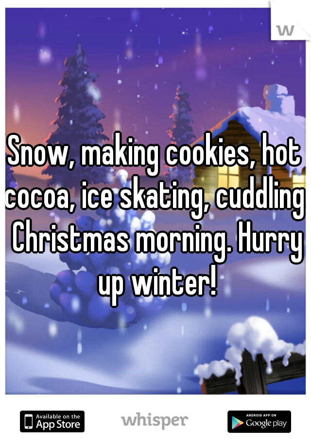 Snow, making cookies, hot cocoa, ice skating, cuddling, Christmas morning. Hurry up winter!