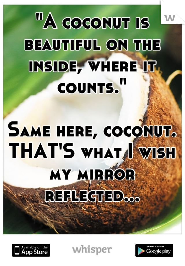 "A coconut is beautiful on the inside, where it counts."

Same here, coconut. THAT'S what I wish my mirror reflected...