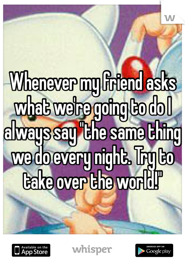 Whenever my friend asks what we're going to do I always say "the same thing we do every night. Try to take over the world!"