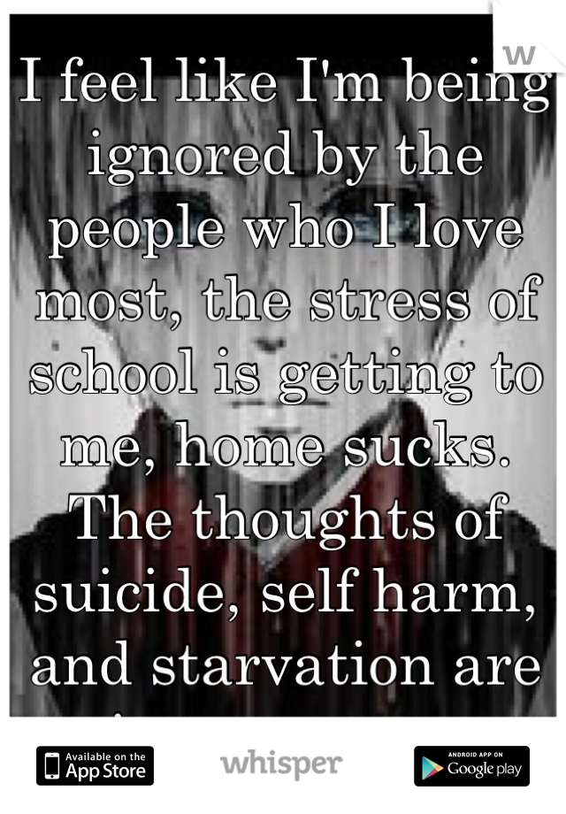 I feel like I'm being ignored by the people who I love most, the stress of school is getting to me, home sucks. The thoughts of suicide, self harm, and starvation are eating away at me.