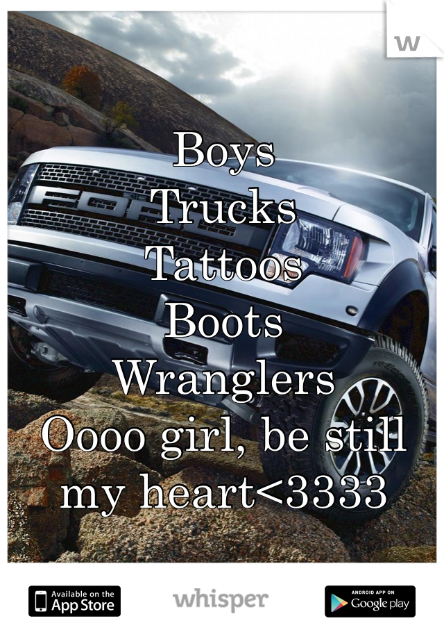 Boys
Trucks
Tattoos
Boots
Wranglers
Oooo girl, be still my heart<3333