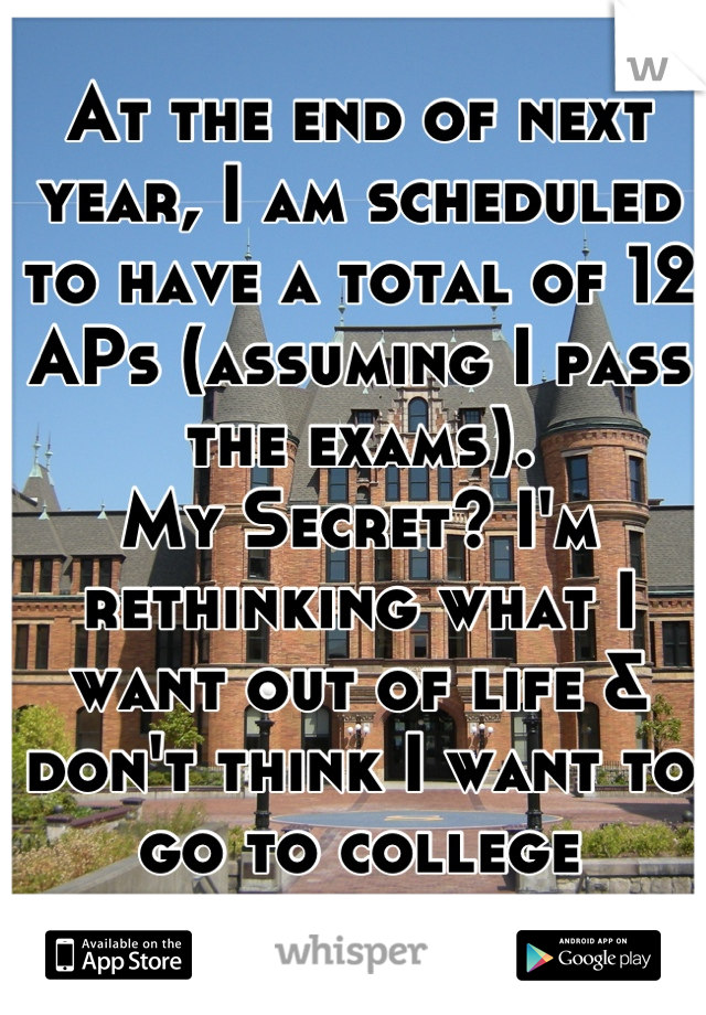 At the end of next year, I am scheduled to have a total of 12 APs (assuming I pass the exams). 
My Secret? I'm rethinking what I want out of life & don't think I want to go to college anymore...