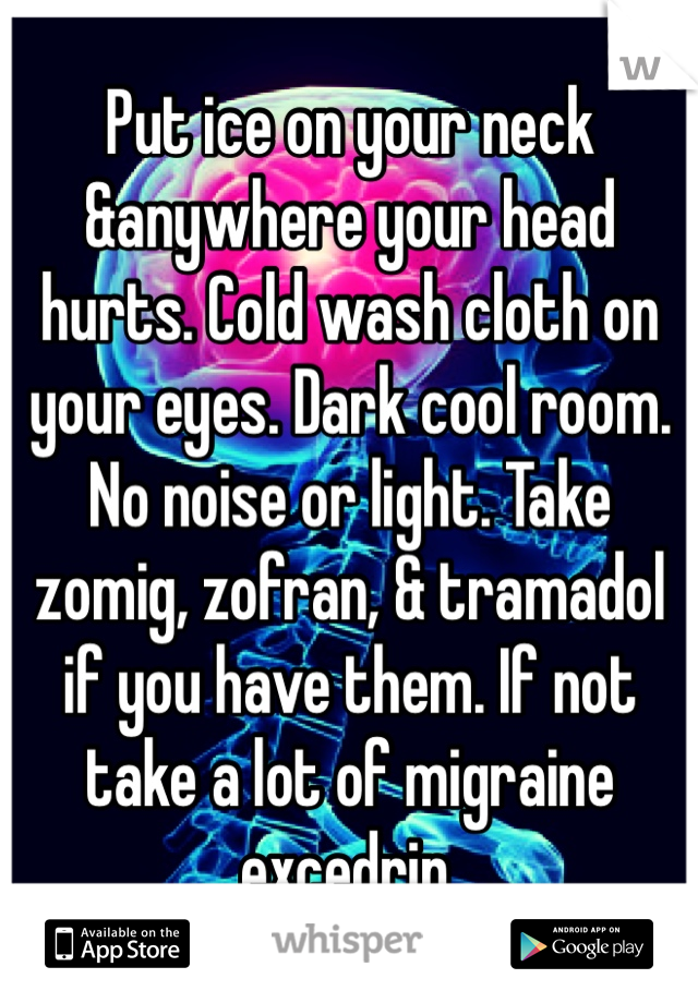 Put ice on your neck &anywhere your head hurts. Cold wash cloth on your eyes. Dark cool room. No noise or light. Take zomig, zofran, & tramadol if you have them. If not take a lot of migraine excedrin.