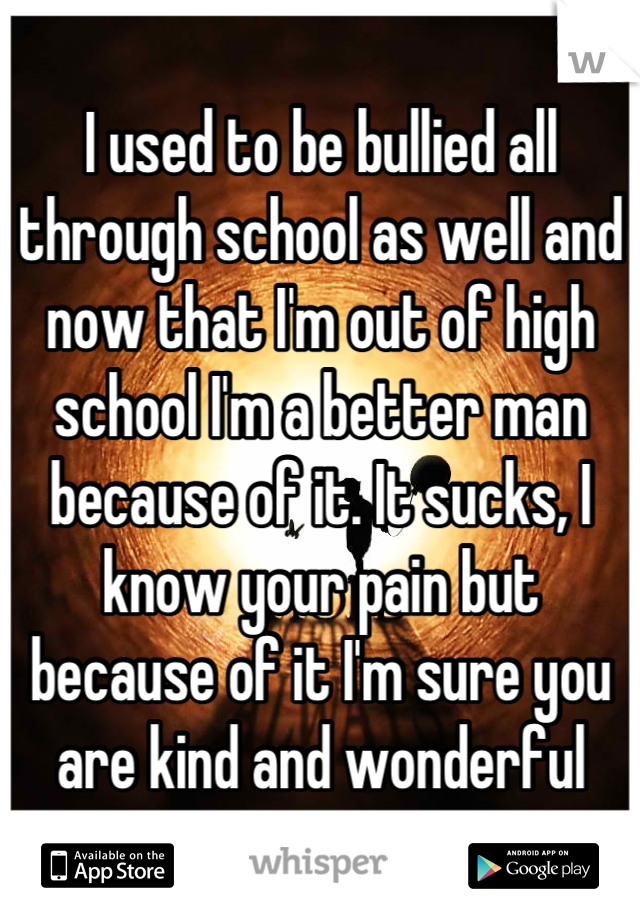 I used to be bullied all through school as well and now that I'm out of high school I'm a better man because of it. It sucks, I know your pain but because of it I'm sure you are kind and wonderful