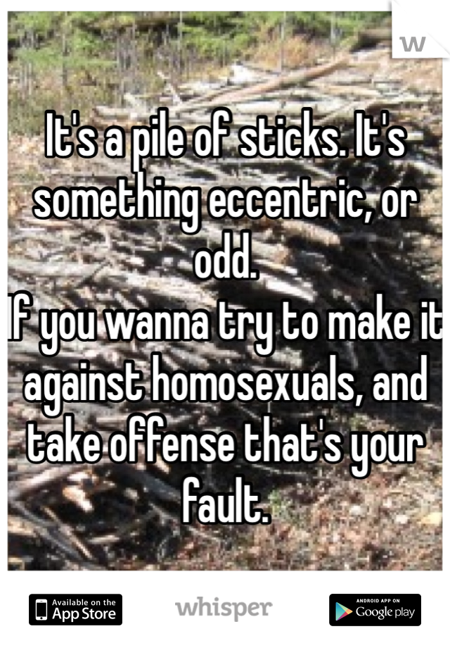 It's a pile of sticks. It's something eccentric, or odd.
If you wanna try to make it against homosexuals, and take offense that's your fault.