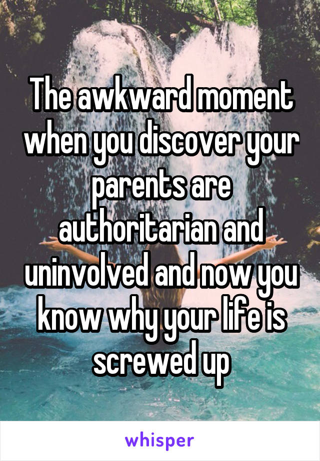 The awkward moment when you discover your parents are authoritarian and uninvolved and now you know why your life is screwed up